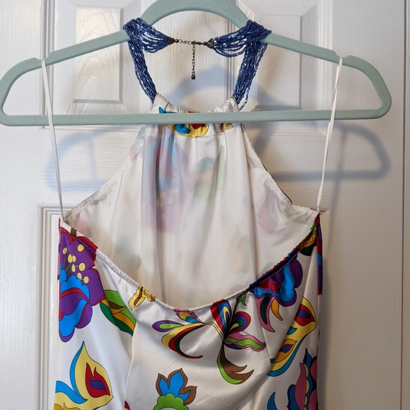 Vintage Y2K 90s Style Silk Floral Halter Midi Dress with Beaded Necklace Size 4 - Picture 5 of 6